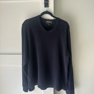 Eddie Bauer Navy Waffle-Knit V-Neck Pullover
